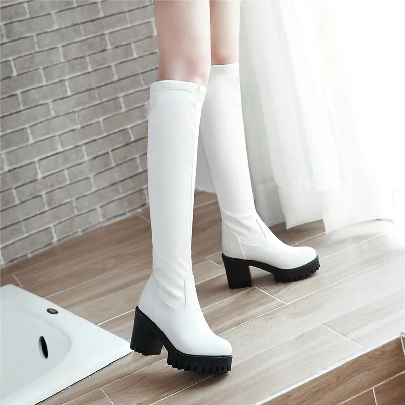 

Pu Leather Block High Heel Boots Womens Shoes Black White Platform Riding Knight Long Tall Knee High Boots Winter 2018