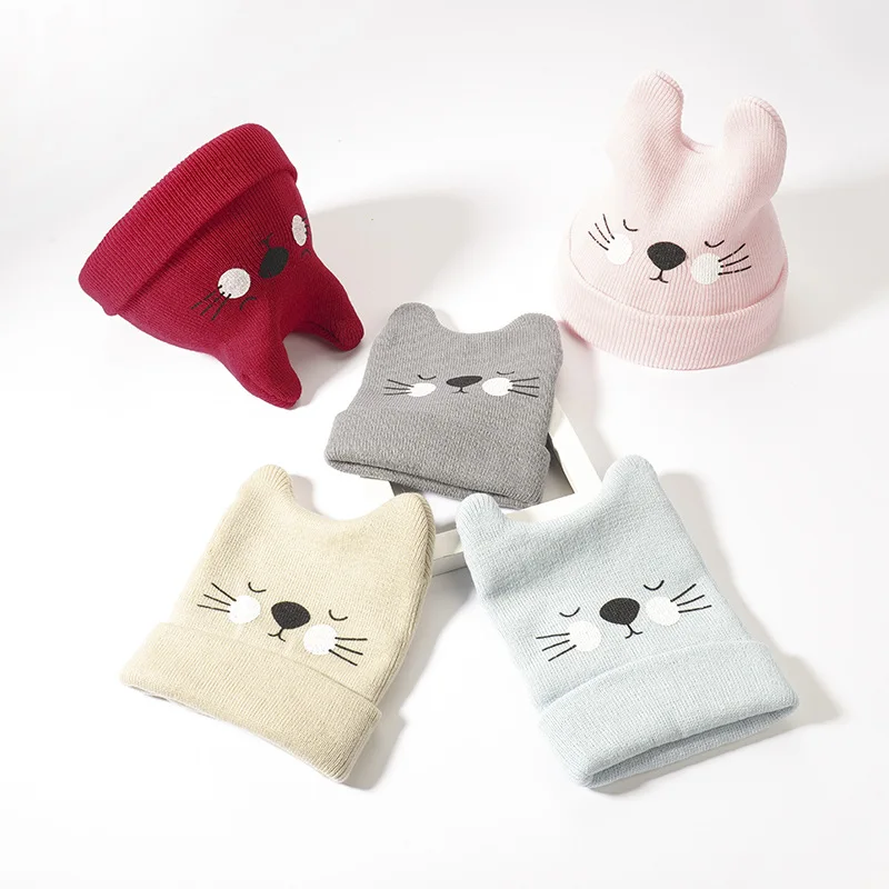 

Cute Cat Print Knit Beanie Kids Autumn Winter Warm Hats 2019 Korean Style Soft Knitting Caps Cat Ears Girls Boys Kawaii Bonnet