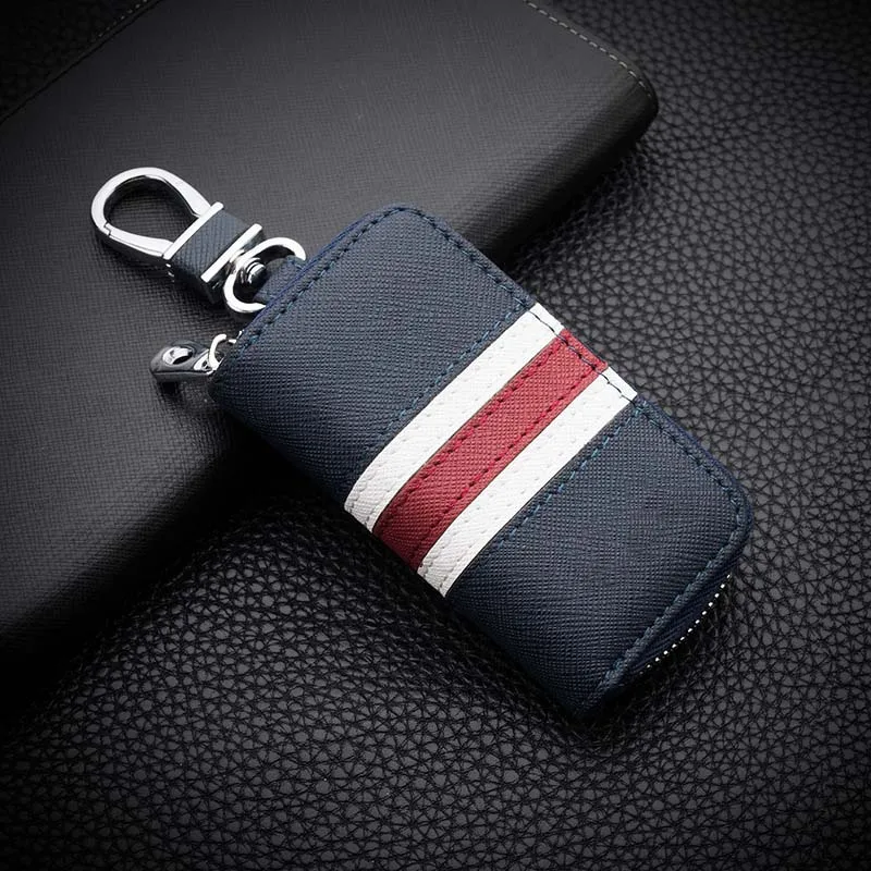Navy blue Модный цветной кожаный чехол для ключей в полоску, универсальный чехол для ключей для автомобиля, брелок для ключей для мужчин и женщин, мини-молния кошелек-брелок для ключей - Цвет: Navy blue