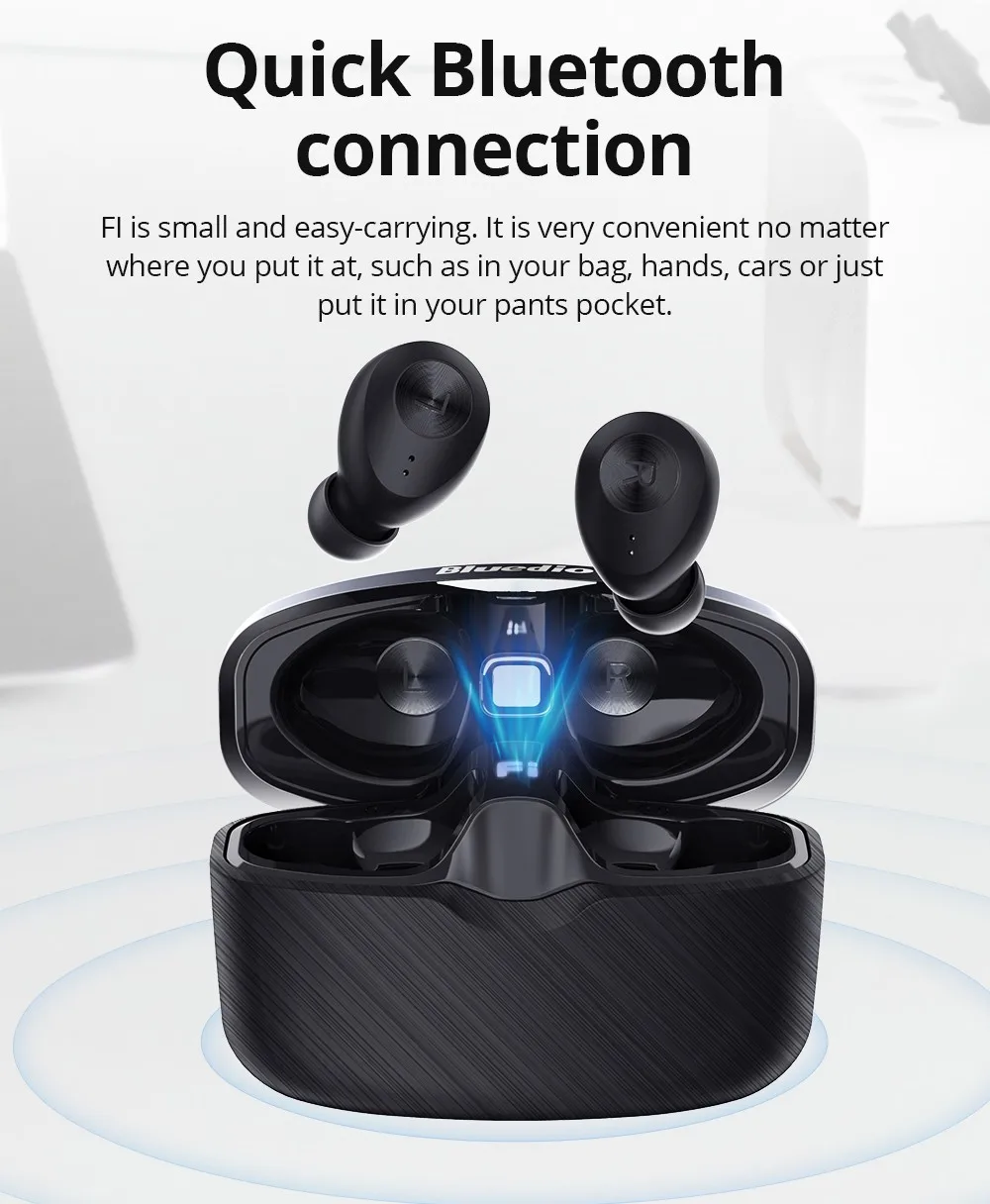 Bluedio Fi Wireless Bluetooth Headset TWS Waterproof Ear Sports Headphones With Ear Wireless Headset Charging Case - Black