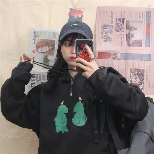 

Cartoon Dinosaurs Printed Casual Loose Basic Black Simple College Wind Cute Fresh 2019 Hot Sale Winter Female Women Hoodies
