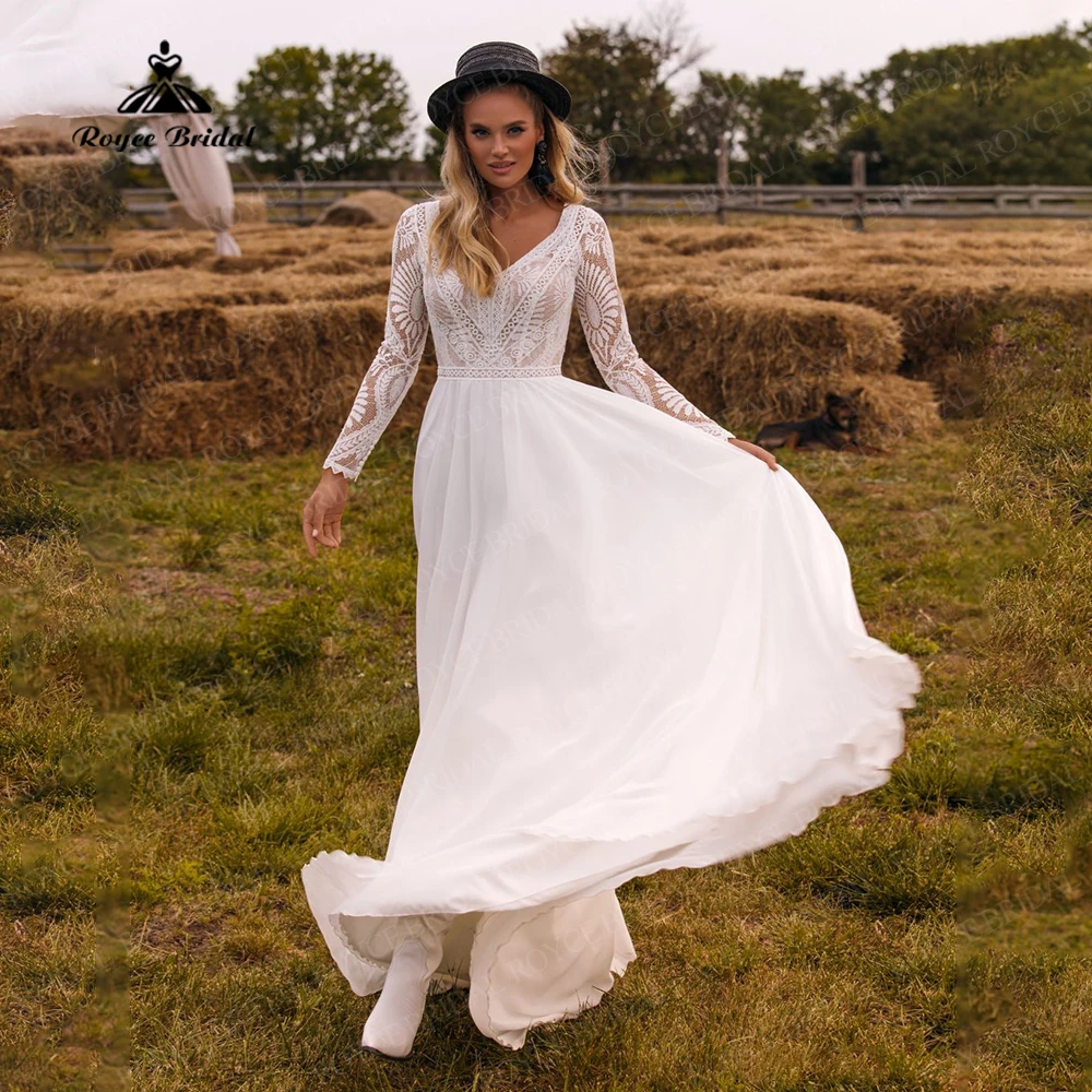 Bohemian Long Sleeves Wedding Dresses Backless Simple Lace Beach Bridal Gowns robe de mariee 2022 V Neck Chiffon Bridal Dress ball gown wedding dress