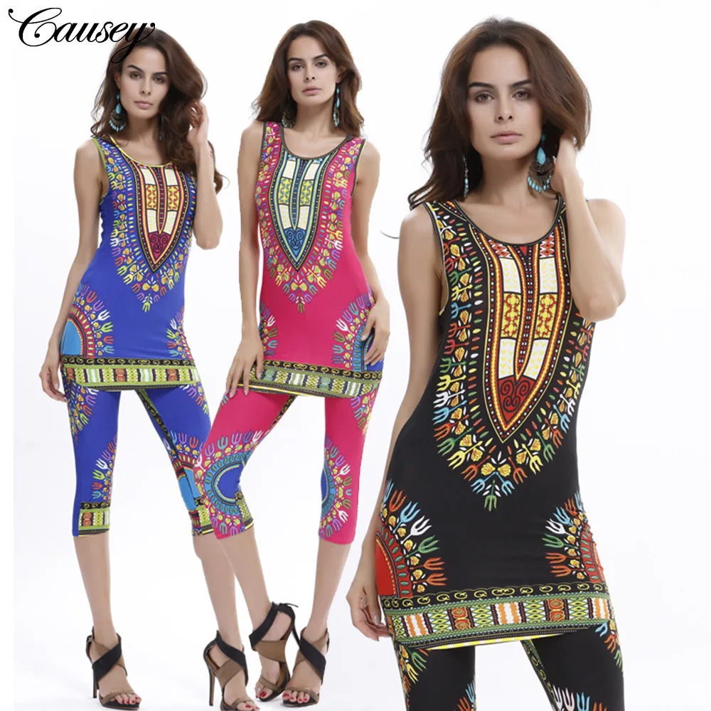 

2020 Summer WOMEN'S Dress-Style Set Large Size Africa Stupa Geometry Totem Printing Vest + Pants Set Slim Fit Sheath