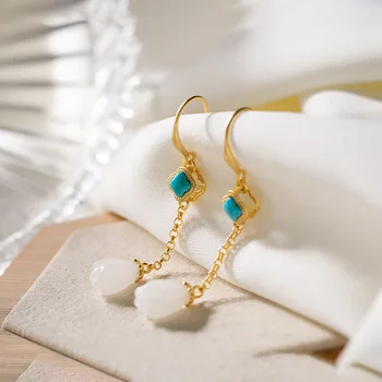 

One deer silver S925 pure silver and Tian Yulan inlaid with Turquoise lady temperament long earrings earrings earrings