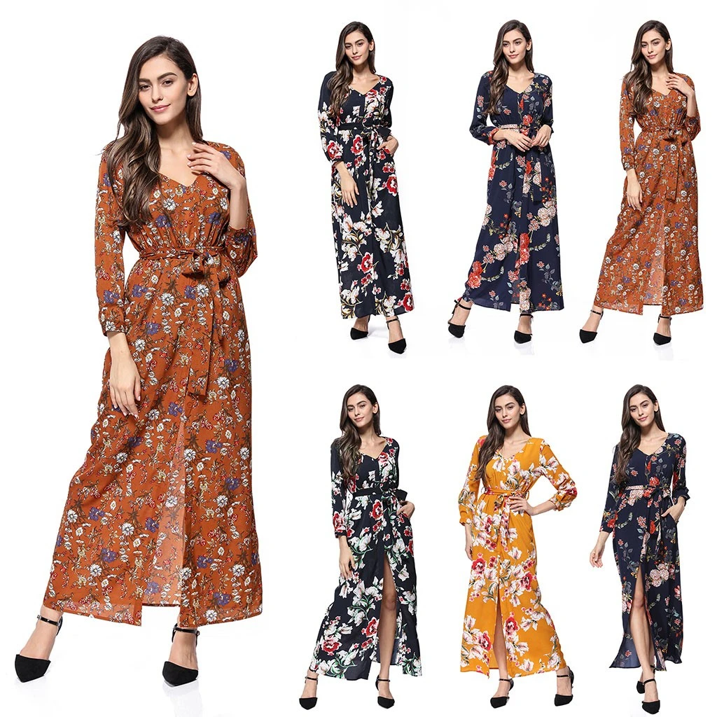 Loose Dresses Long Sleeve Winter Bohemian Beach Women Floral Print  Runway Dress Autumn Party Night Sundress Vestidos 822