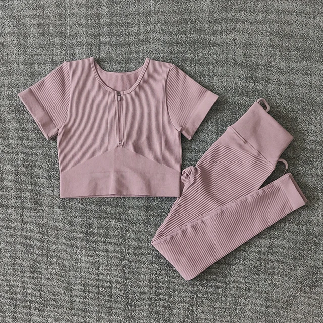 Seamless Women Yoga Set Workout Sportswear Gym Clothing Zipper Long Sleeve High Waist Leggings Fitness Bra Athletic Sports Suits ShirtsPantsPink