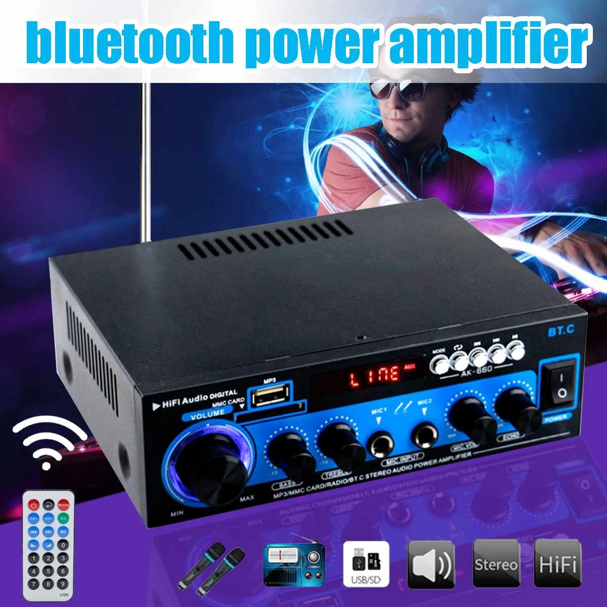 

1000W Power Audio Amplifier 2CH Mini HiFi LED Digital Stereo bluetooth FM Radio Car Home Theater Amplifiers W/Remote Control