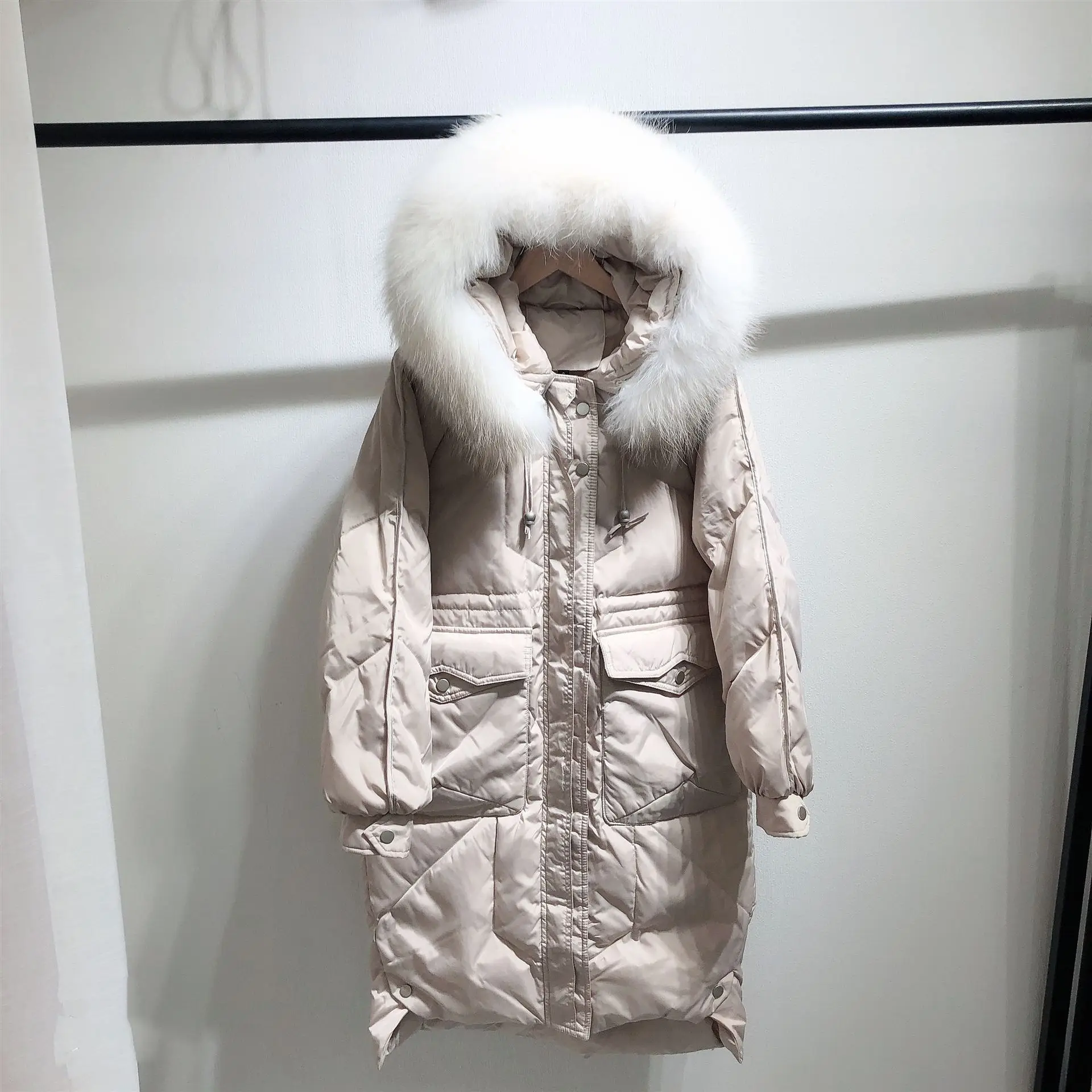 Large Pocket Drawstring Slimming White Duck Down Jacket Women's Mid-length Winter Large Fur Collar Thick Korean-style Coat
