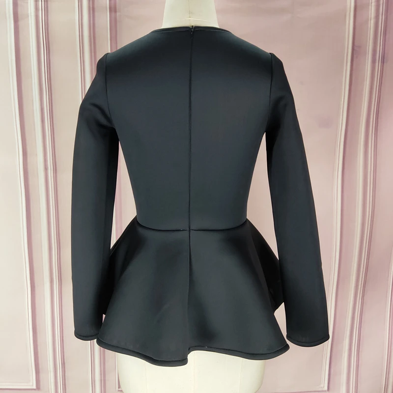 Women Black Blouses Tops Shirts Long Sleeves Front Big Flower Peplum Slim Autumn Party Fashion Elegant Lady Bluas Drop Shipping