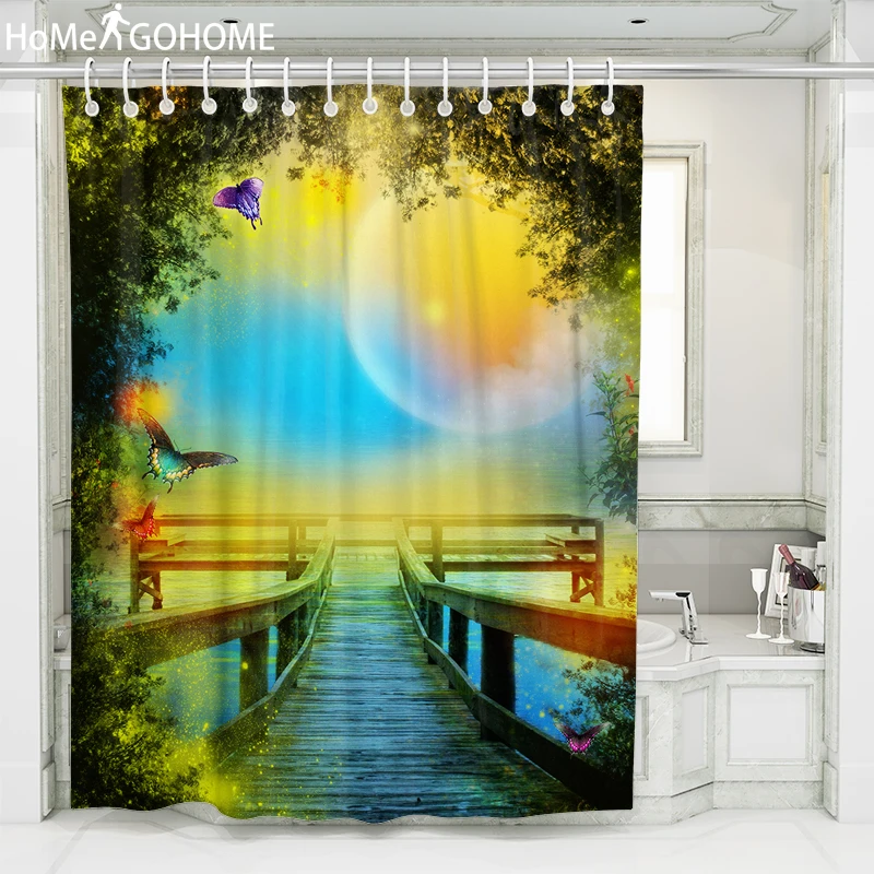 

Butterfly Moon 3d Children's Shower Curtain Gradient Sea Landscape Shower Curtains Bathroom Curtain Waterproof Bath Screen Cool
