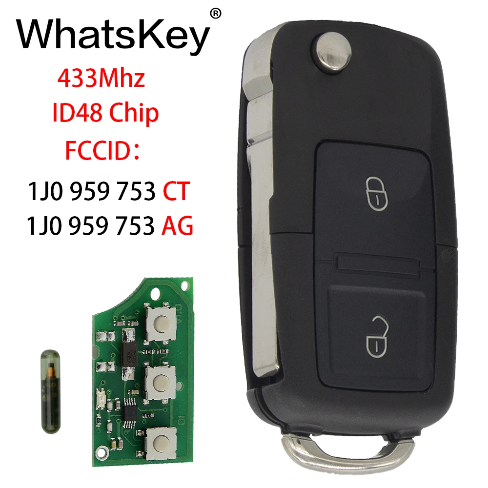 

WhatsKey 1J0959753CT 1J0959753AG Remote Key suit For VW/Volkswagen Beetle Bora Polo Passat B5 Golf 433Mhz with ID48 Chip