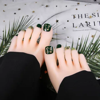 

Avocado Green Rivets Decor False Toe Nails Star Moon Accessories Girls Summer Toe Fake Nails with Glue Full Cover Flash Nails
