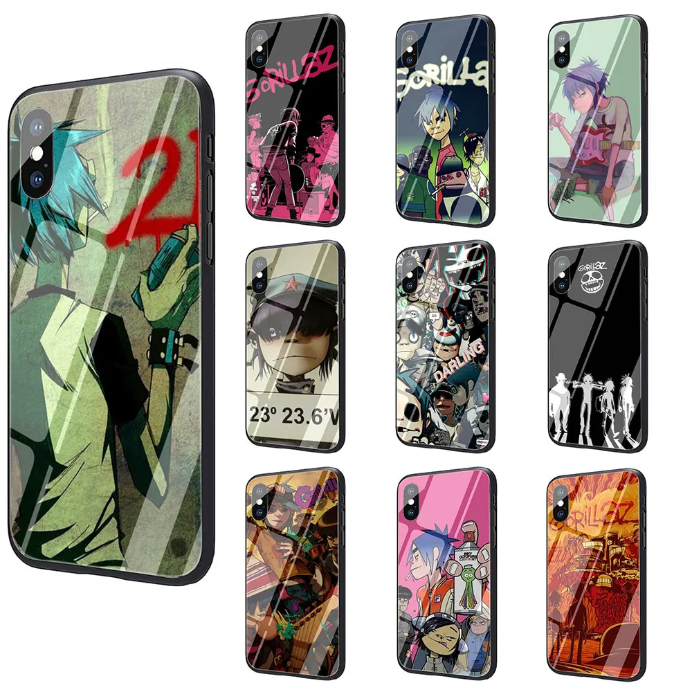 Gorillaz band закаленное стекло ТПУ черный чехол для iPhone SE 2020 11 Pro X или 10 8 7 6 6S Plus 5 5S Xr Xs