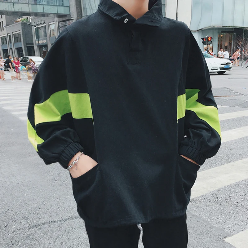 

2019 Men's Spring And Autumn New Casual Stitching Long-sleeved Lapel Loose Temperament Trend Cotton Hoodies Harajuku