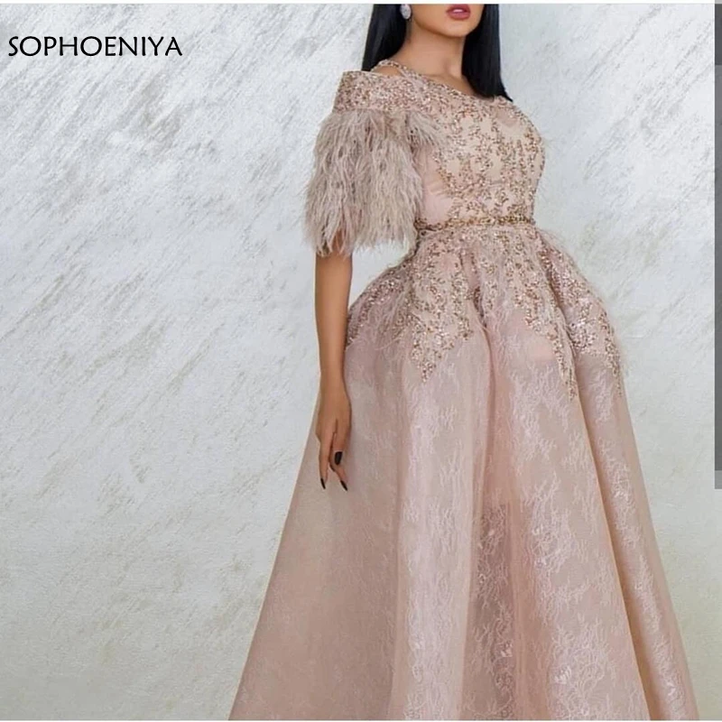 Новое поступление Robe de soiree V шеи вечернее платье для мусульманских женщин 2019 перо кружевное платье в деловом стиле вечернее платье для