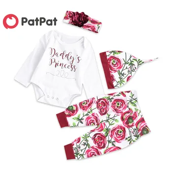 

PatPat Autumn and Winter Cotton Newborn Casual 4 Piece Jumpsuit Rose Print Trousers Hat and Baby Girl Headband Crawling Suit