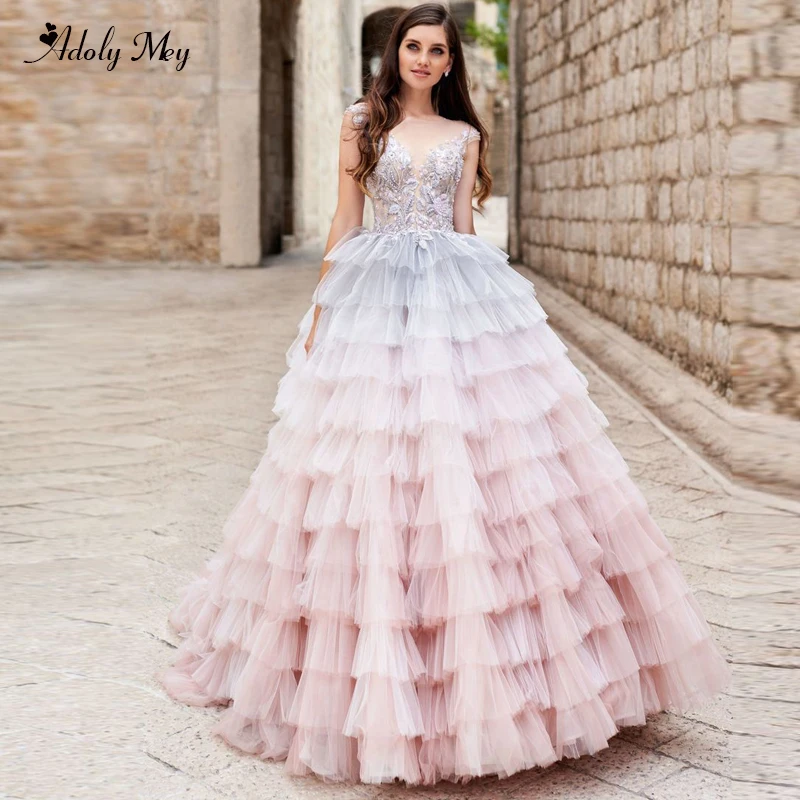

Adoly Mey Luxury Appliques Beaded A-Line Wedding Dresses 2020 Charming Scoop Neck Backless Tiered Tulle Court Train Bridal Gown