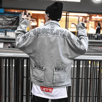 

Cargo Style Hip Hop Denim Jacket Men Pocket Jeans Bomber Jackets Streetwear Fashion Casual Cotton Coat Male 2019 Autumn Outwear