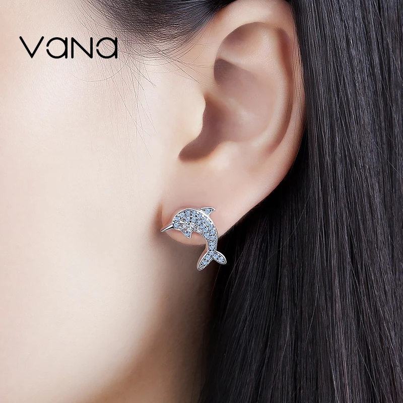 Женские серьги-гвоздики VANA Dolphin из стерлингового серебра 925 пробы, серьги-гвоздики с 5А синим CZ