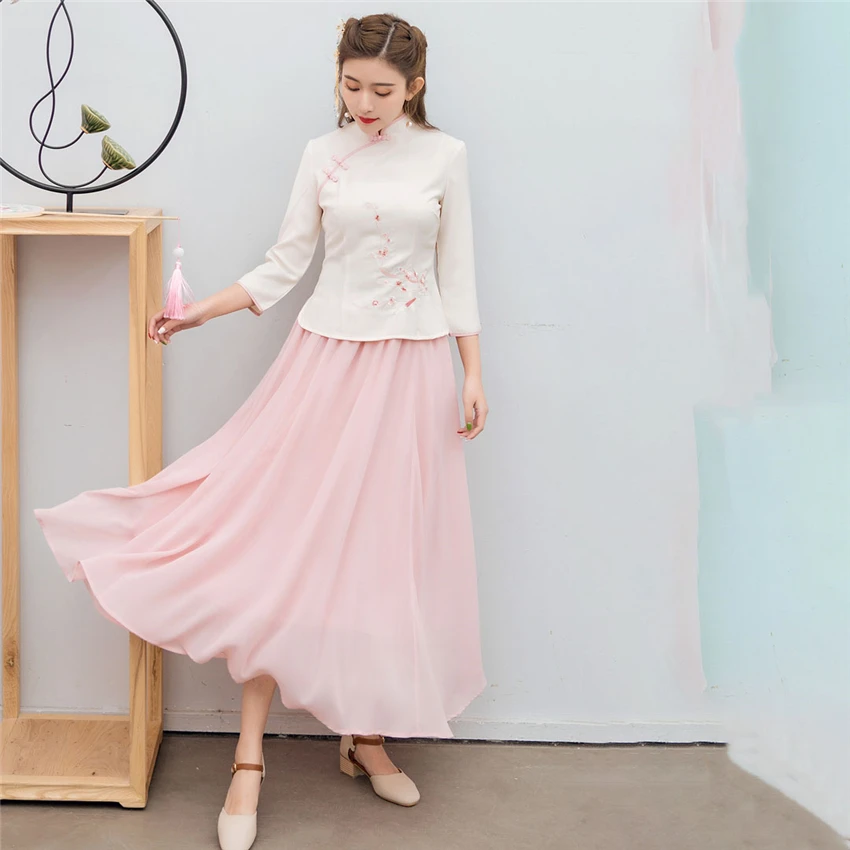 Традиционная китайская одежда для женщин новые юбки Cheongsam Топ Hanfu Новогодняя винтажная китайская рубашка Стиль Тан костюм