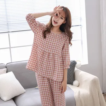 

Lisacmvpnel Cotton Women Pajamas Lattice Seven Part Sleeve Length Pants Suit Round Neck Pyjamas