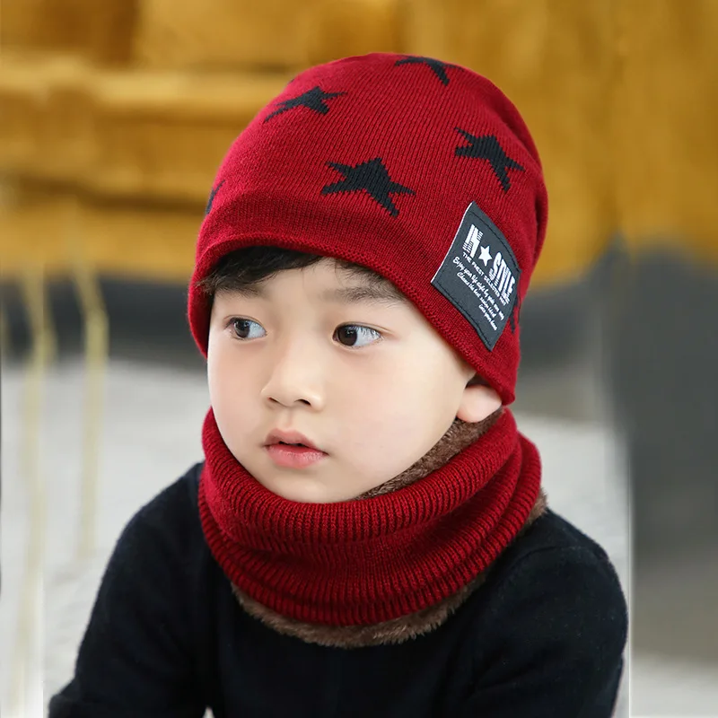 Детская Зимняя шерстяная шапка и шарф в Корейском стиле, милый модный толстый теплый вязаный комплект для мальчиков от 4 до 12 лет - Цвет: 1