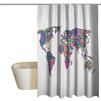 

Wanderlust Rustic Shower Curtain Colorful World Map with Flowers Blossoms Floral Art Educational Farmhouse Bathroom DecorPurple