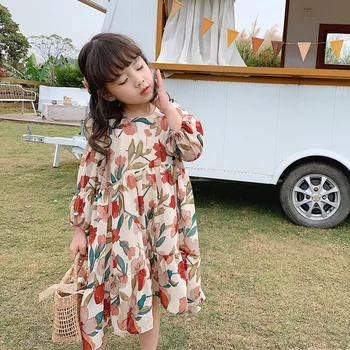 

2020 Summer Korean Floral Baby Girls Chiffon Maxi Dress Puff Sleeve Kids Cute Clothes Vacation Beach Children Princess Dresses