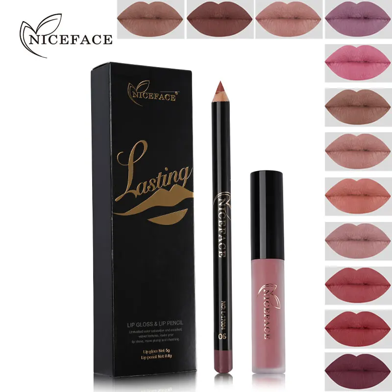 NICEFACE фирменный Стойкий матовый Жидкий блеск для губ 12 цветов + нюдовый карандаш