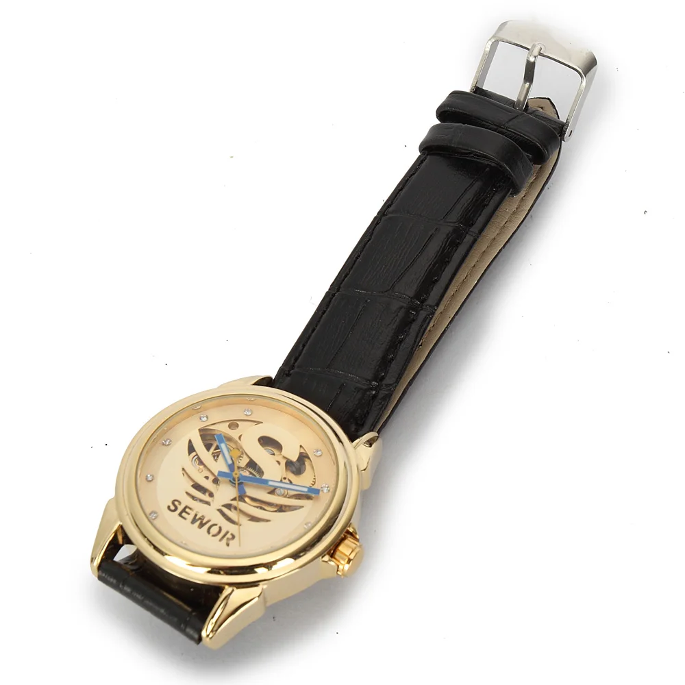 

SEWOR Fashion New Gold Plated Case Rhineston Steampunk Skeleton Mens Mechanical Dress Watch