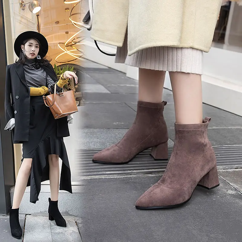 

Autumn Women Ankle Boots Suede Black Chelsea Boots Slip on Ladies Casual Thick Heel Shoes Fashion Comfortable Boots Female 35-39