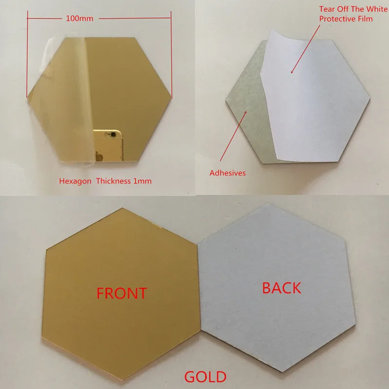 Gold Hexagon Adh 10 шт. диаметр 100x1 мм акриловые настенные зеркала круглый лист наклейки Пластик PMMA стекло отель декоративные линзы Miroir Фреска DIY плак - Цвет: Gold Hexagon Adh