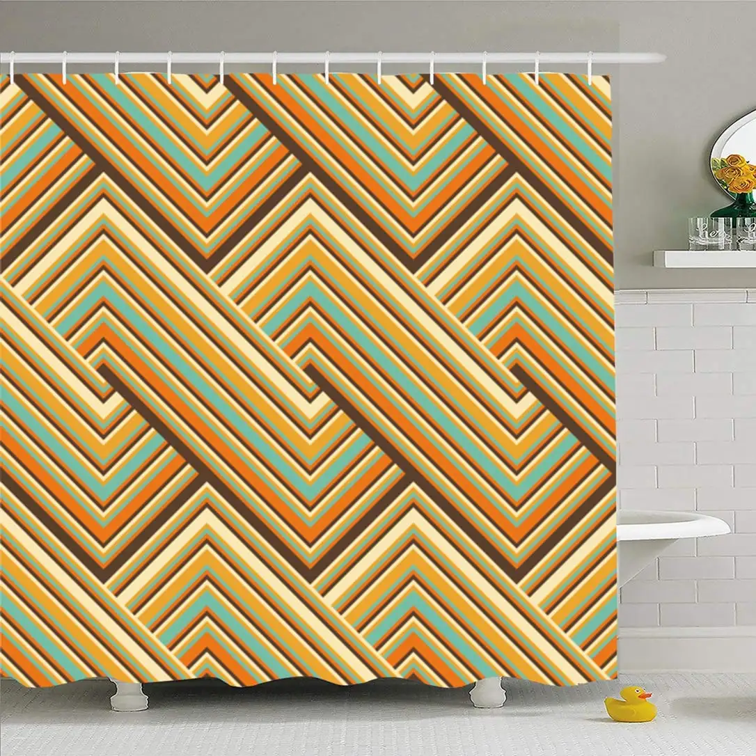 

Shower Curtain Set with Hooks 60x72 Cool Funky Colored Orange Lines Design Chain Zig Groovy Geometric Pattern Stripe Textures