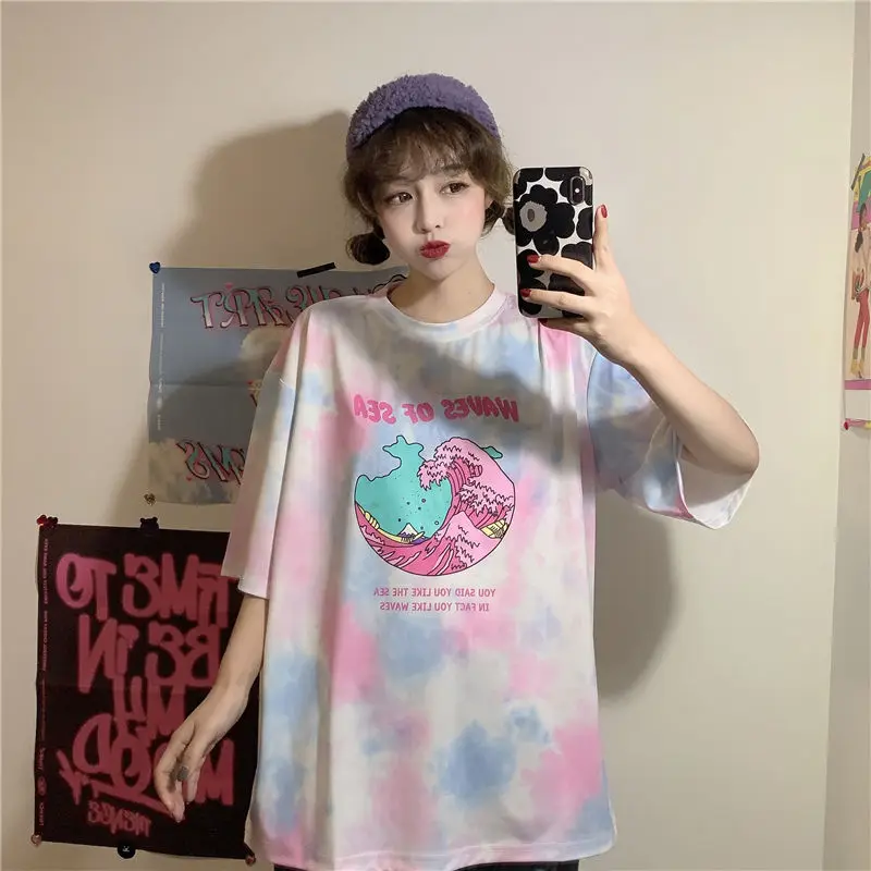 

Harajuku Tie Dye T Shirt Casual Summer Tops Women Cartoon Letter Print Tees Female Loose Clothes
