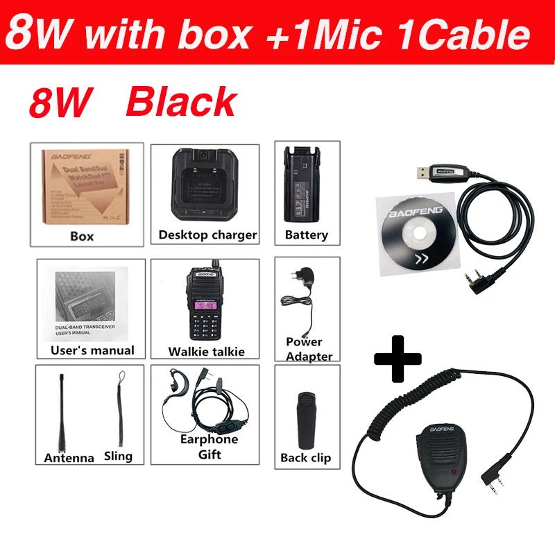 8W add 1mic 1cable Высокая 8 Вт Baofeng UV-82 рация uv-82hp охота портативный CB Ham радио 10 км двухдиапазонный СВЧ/УВЧ-трансивер UV82 двухстороннее радио - Цвет: 8W add 1mic 1cable