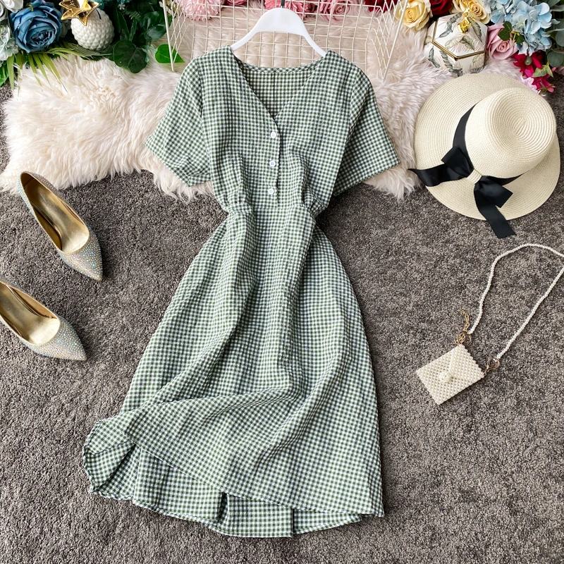 Teeuiear Slim Vintage V Neck Plaid Print Button Dress Slim ladies Summer Midi dress vestido de festa Party Women a-line Dresses