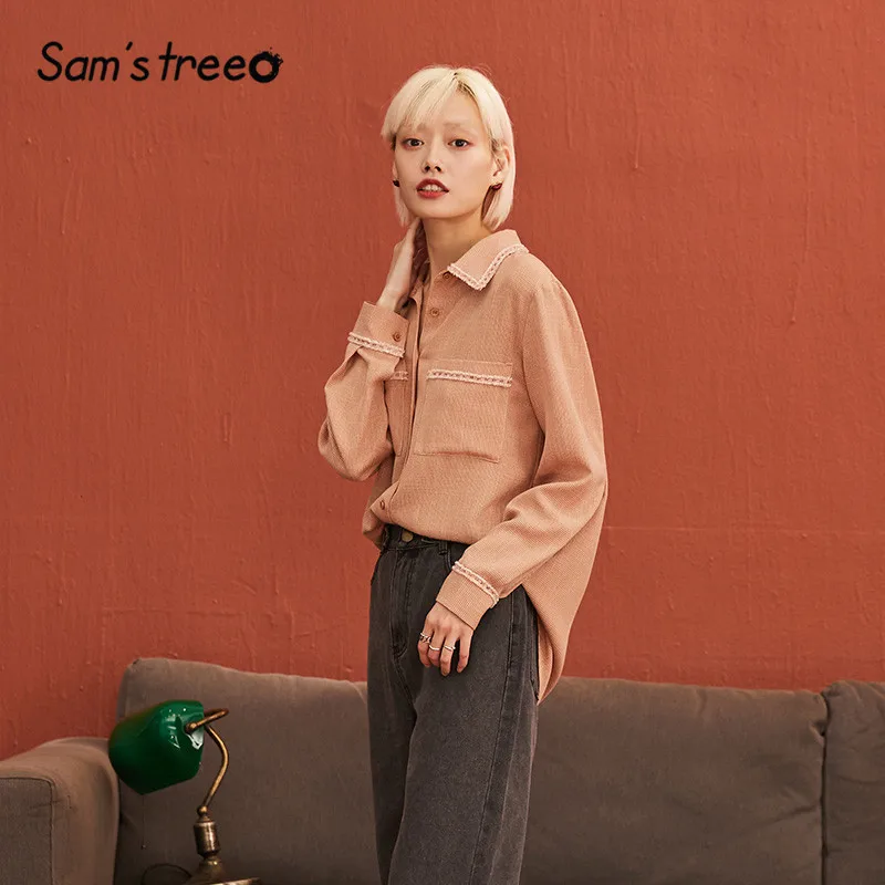 SAM'S TREE Orange Plaid Pocket Single Breasted Blouse Women Winter British Ribbon Long Sleeve Casual Office Ladies Tops