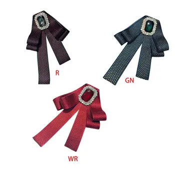 

Lady British Retro Polka Dot Ribbon Bow Tie Women Female Casual Shirt Collar Rhinestone Brooch Pin Necktie 3 Colors