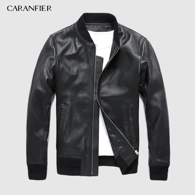 

CARANFIER Brand Coat Mens Jackets Genuine Sheepskin Leather Casual Slim Short Fit Coats Motorcycles Black Outerwear Overcoats