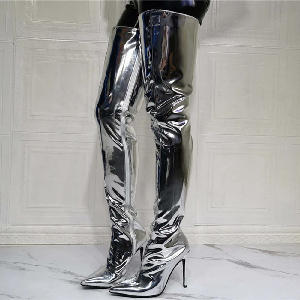 

Modern Silver Mirror Leather Boots Big Size 47 Pointy Toe Stiletto Heels Women's Shoes Winter Side Zipper Solid Fashion