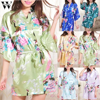 

2020 Fashion Mature Ladies Summer New Print Simulation silk cardigan peacock peony short bathrobe Belt nightgown Home Service