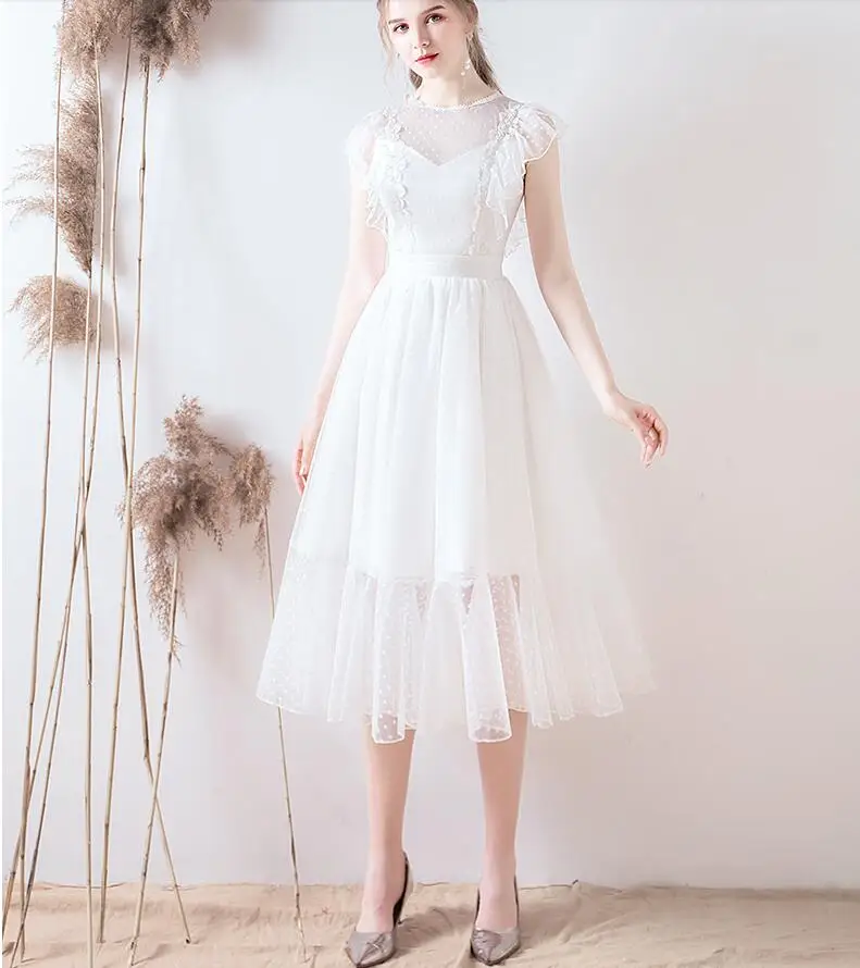 

2020 A-line Dots Tulle Tea Length Short Wedding Dress Sleeveless Ruffles Sleeves France Romantic Informal Short Bridal Gown