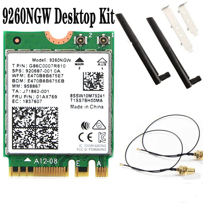 

1730Mbps Dual Band Wireless Adapter For Intel 9260 Network Wifi Card Desktop Kit Bluetooth 5.0 802.11ac M.2 9260NGW Card Antenna