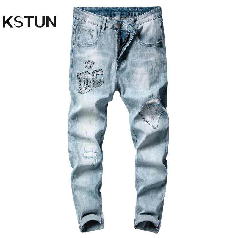 Skinny Jeans Men Ripped Distressed Jeans for Man Light Blue Stretch High Quality Moto Jeans Offset Printing Letters Denim Pants Skinny Jeans Men Ripped Distressed Jeans for Man Light Blue Stretch High Quality Moto Jeans Offset Printing Letters Denim Pants