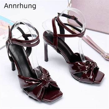 

Sexy Claret Patent Leather Bowknot Sandals Women Ankle Strap 10cm Thin Heels Square Open Toe Summer Shoes Woman
