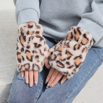

Half finger gloves female winter touch screen plush flip warm gloves women faux Rabit Fur leopard cycling driving gloves E20