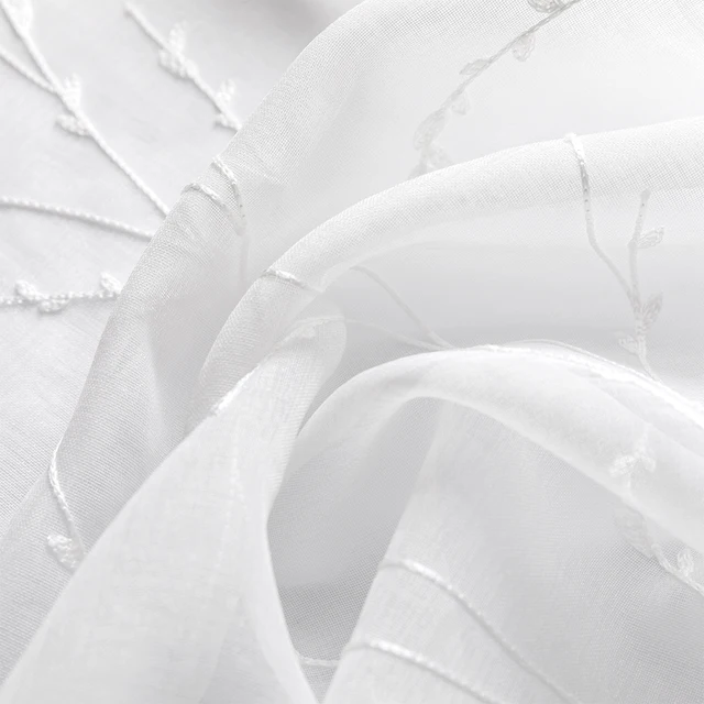 MRTREES  Leaves Embroidered Sheer Curtains Tulle Voile Curtains for Living Room Bedroom Kitchen Window Treatment Drapes White