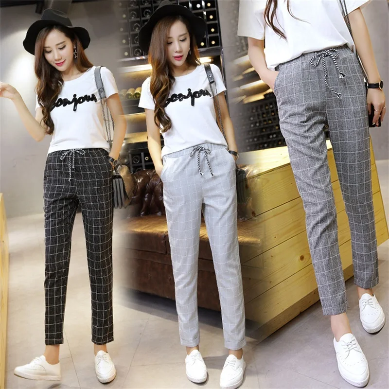 2020 Spring Summer Women Harem Pants Elastic Waist Plaid Casual Loose Pants Fashion Ankle-length Straight Pants Vintage Trousers 2020 Spring Summer Women Harem Pants Elastic Waist Plaid Casual Loose Pants Fashion Ankle-length Straight Pants Vintage Trousers