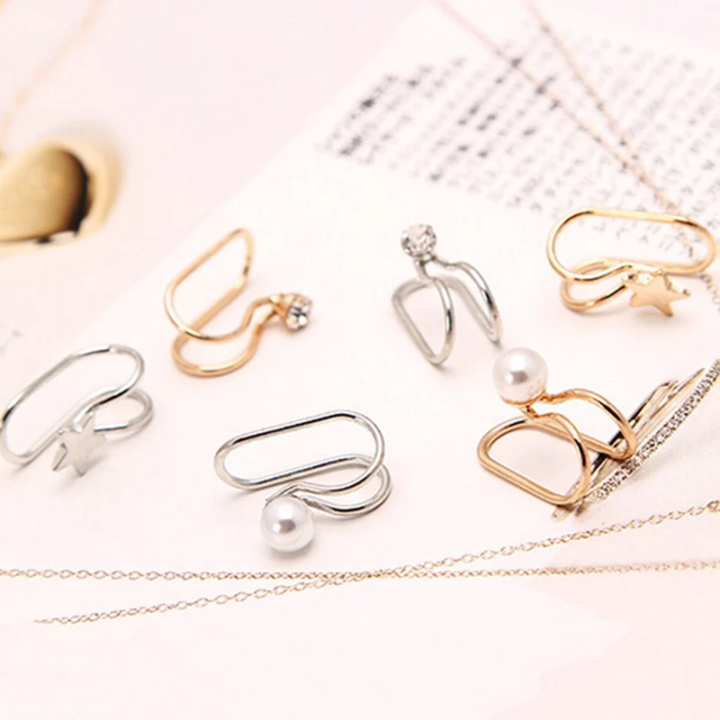 Ear Cuff U Star Moon Earring Punk Minimalist Women Metal Buckle Fake Piercing Ear Clip Without Puncture Pearl Earrings