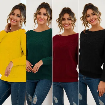 

Lugentolo Women New Sweater Autumn Winter Loose Button Knitting Casual 4 Solid Colors Round Neck Comfortable Sweaters